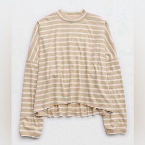 Aerie Women’s Cozy Long Sleeve Mockneck Striped T-Shirt Color Koko Brown L